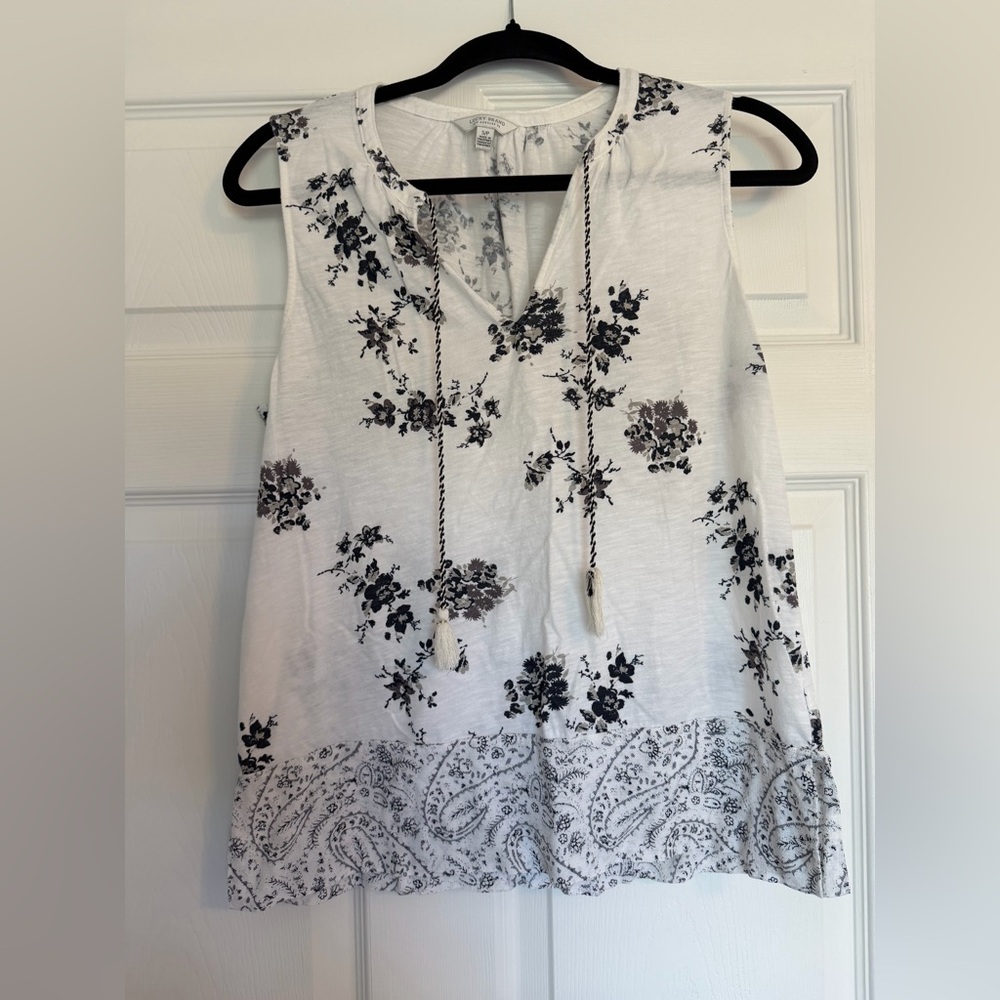 Lucky Brand Black & White Floral sleeveless tank tassel ties S/P
